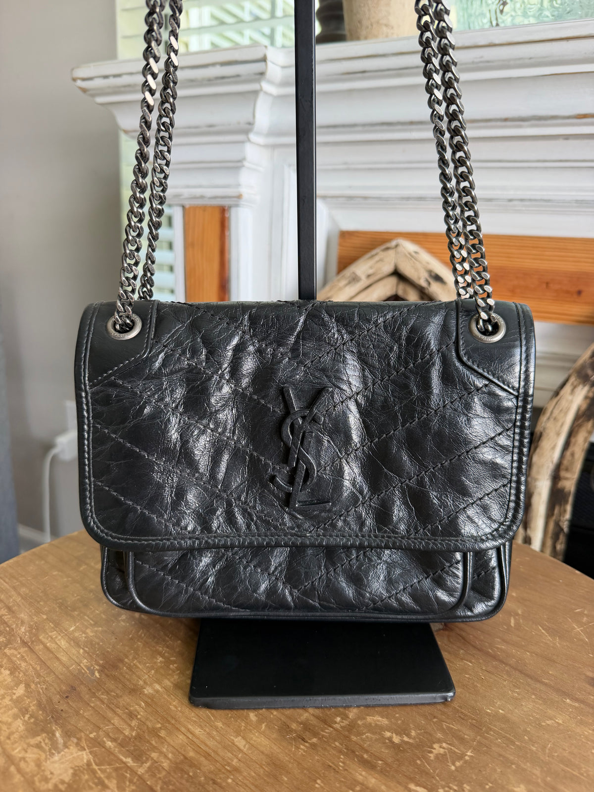 Niki Baby Matelassé in Black on Black with Silver Hardware