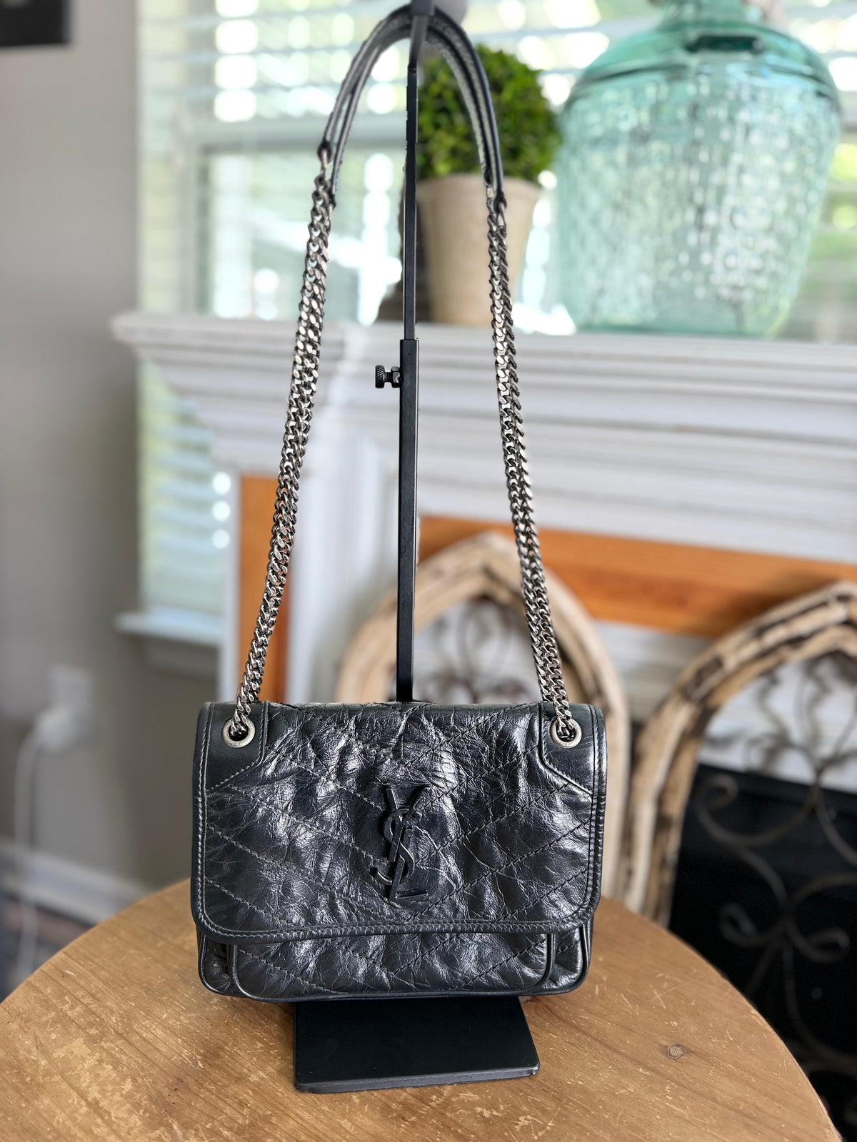 Niki Baby Matelassé in Black on Black with Silver Hardware