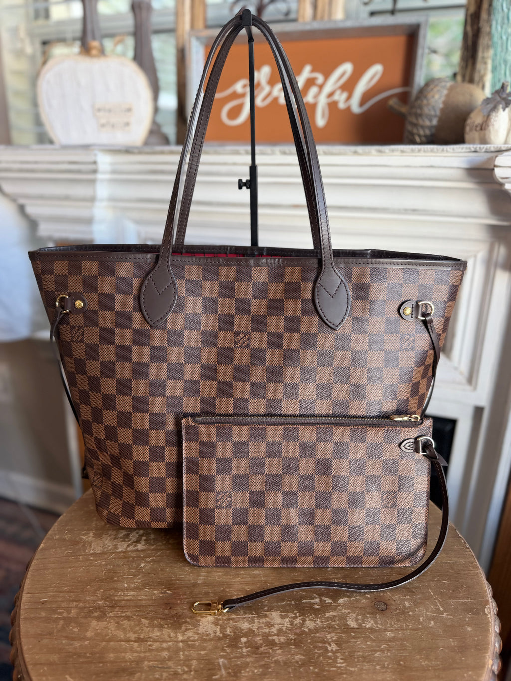 Neverfull MM with pouch in Damier Ebene